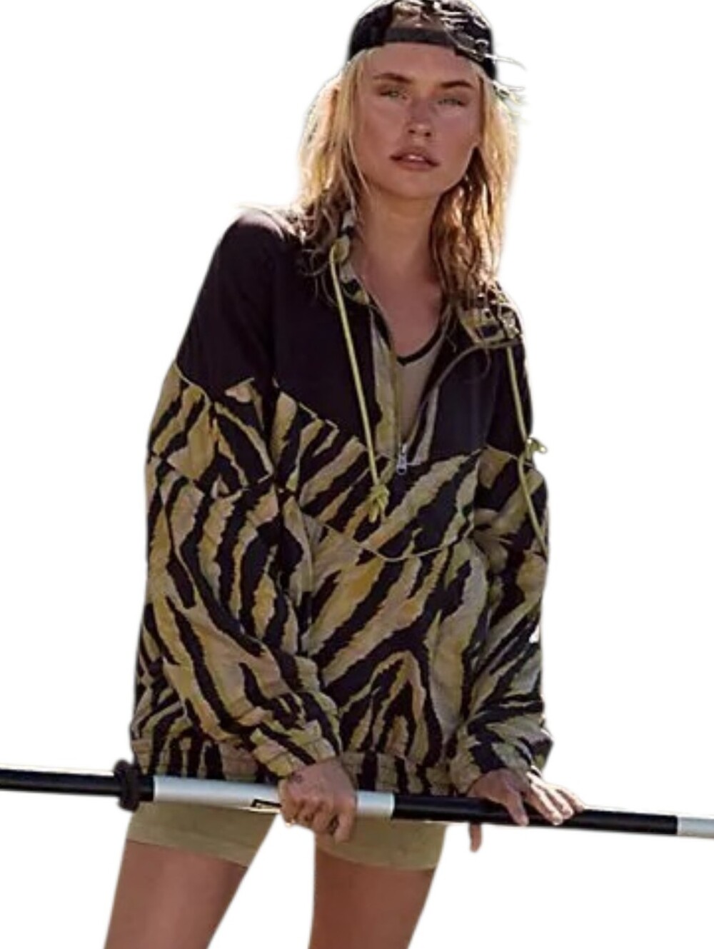 FP Movement Walk The Line Pullover Olive Zebra Print Quarter Zip Oversized Large